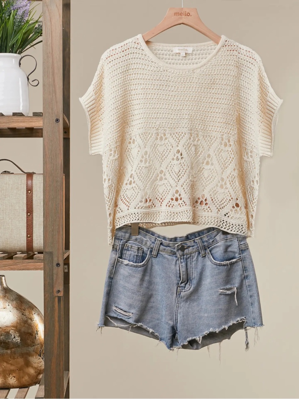 Crochet Knit Short-Sleeve Top in Cream BNWT